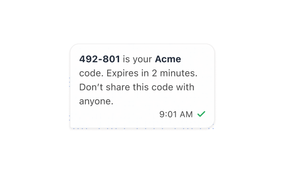A verification message carrying the code, its expiry and a warning not to share it