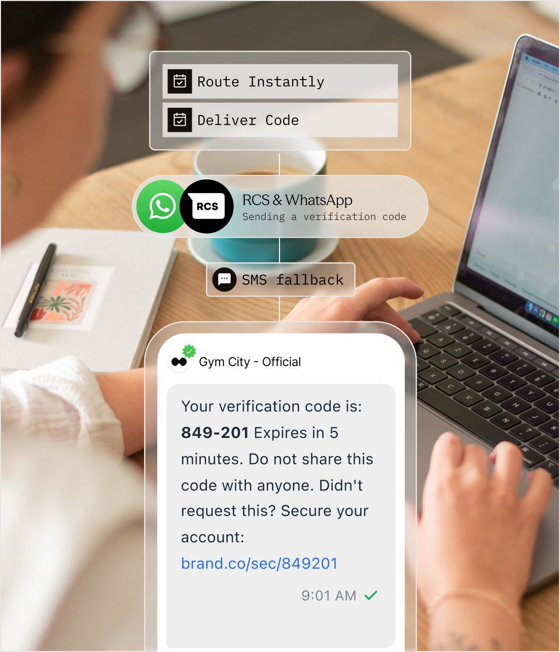 A verification code arriving on a phone beside a laptop, with the route that carried it drawn above