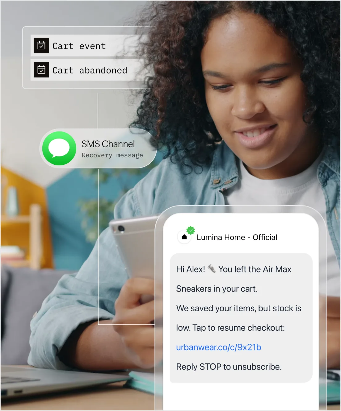 A shopper reading a recovery message that brings her saved cart back with a link to checkout