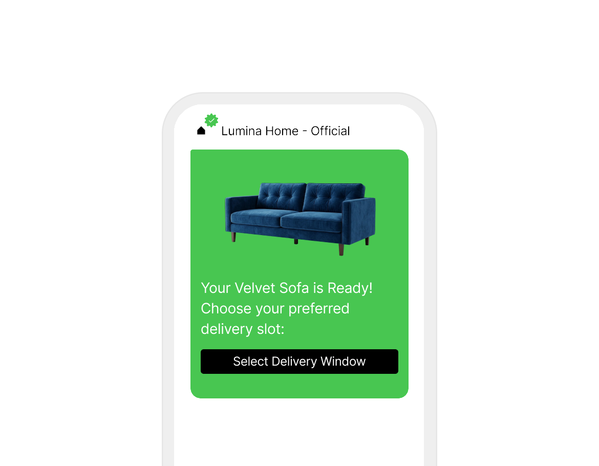 A WhatsApp message opening with a product photograph above a delivery slot button