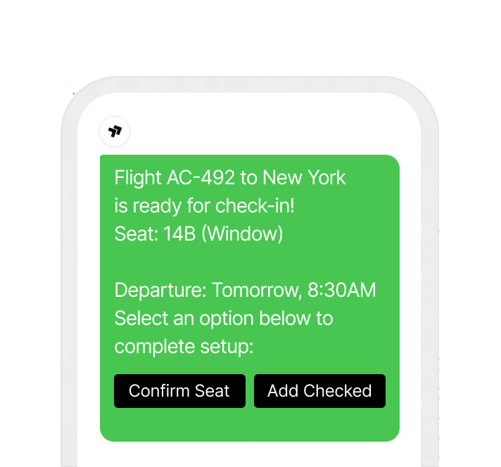 A check-in message offering a seat choice and a bag add-on as buttons