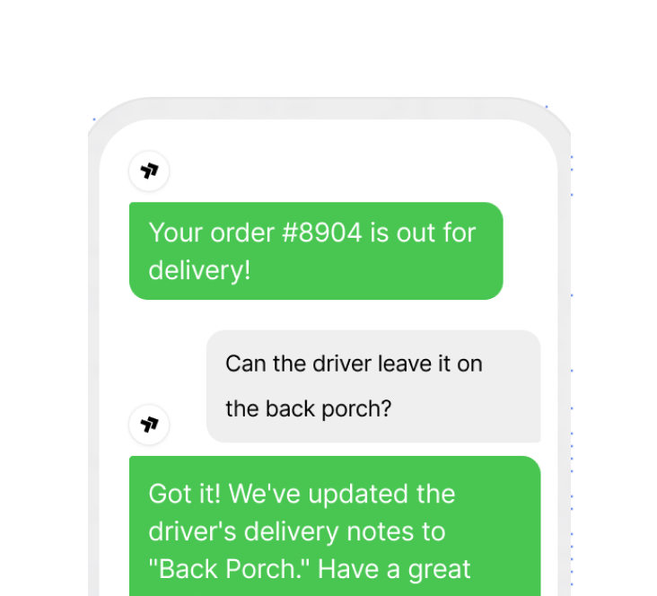 A delivery notice, a customer asking for the parcel to be left out back, and the business confirming