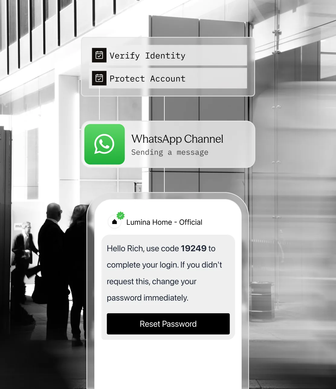 A banking hall beside a verification code message and an account access confirmation