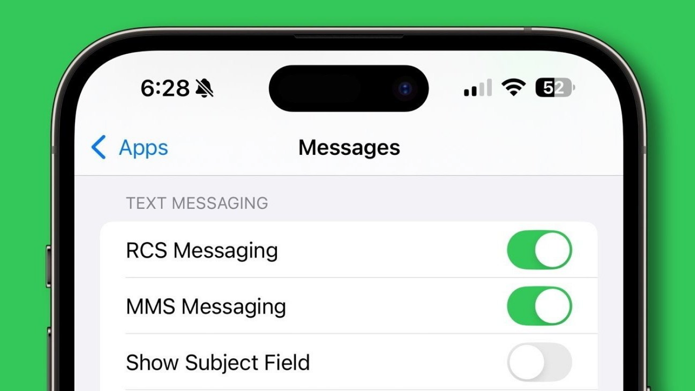 An iPhone showing the Messages settings with RCS Messaging switched on