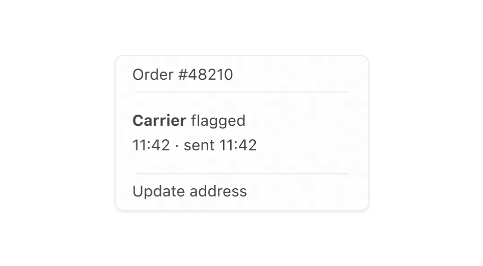 A carrier flagging an address problem and an update-address action sent to the customer