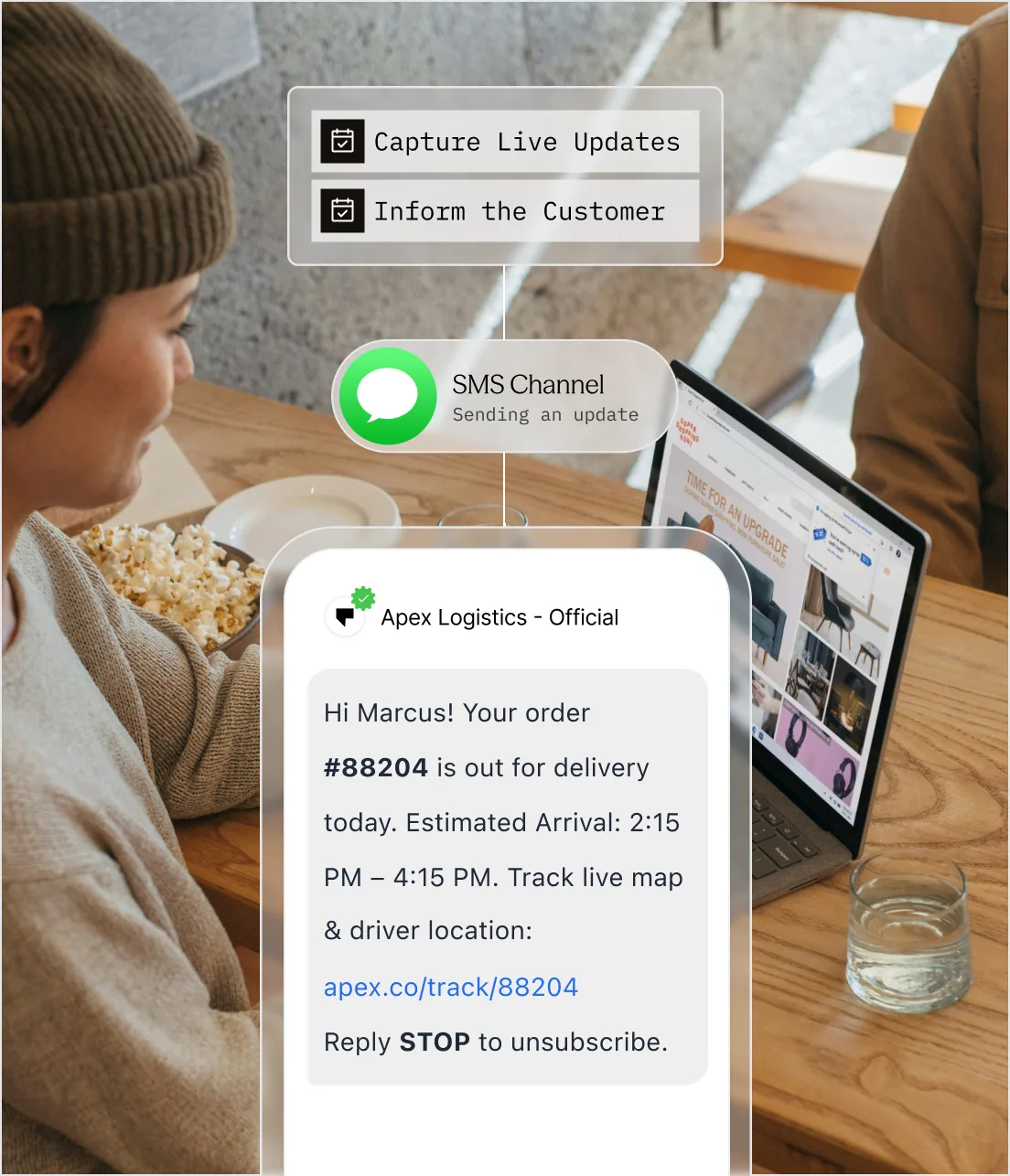 A customer reading an out-for-delivery update with an arrival window and a link to track the driver