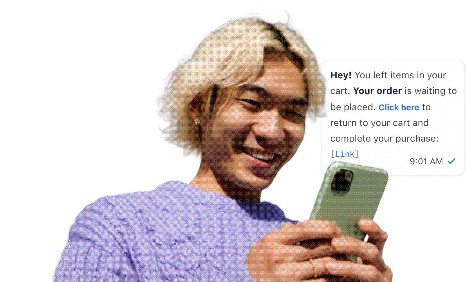 A customer receiving an order update naming the item, the status and a link to complete the purchase