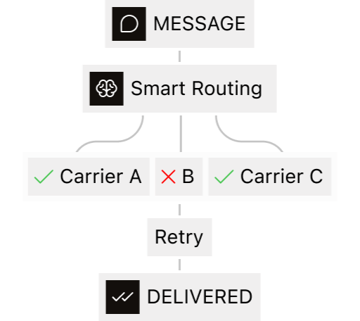 A message going through smart routing to a healthy carrier, retrying past a failed one before it is delivered